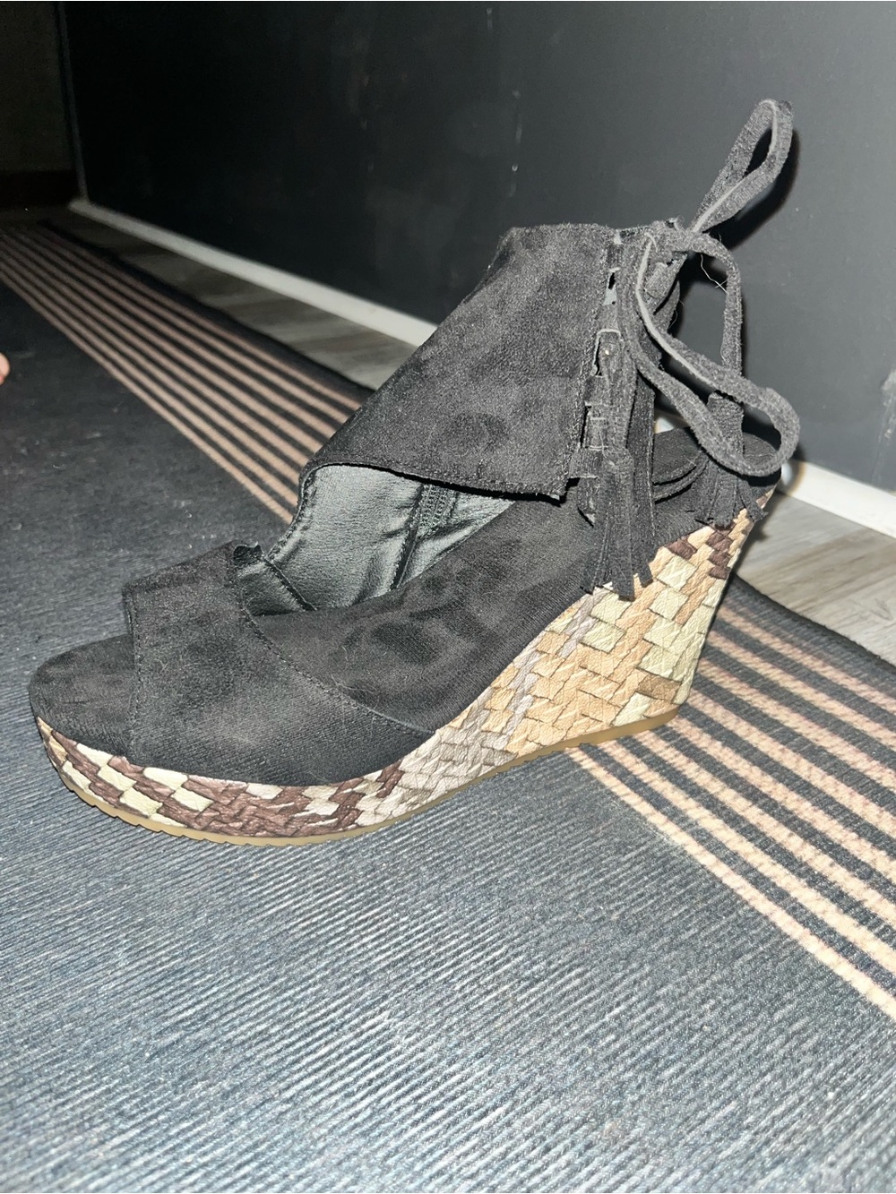 Black Suede Lace-Up Wedge Sandals size 8